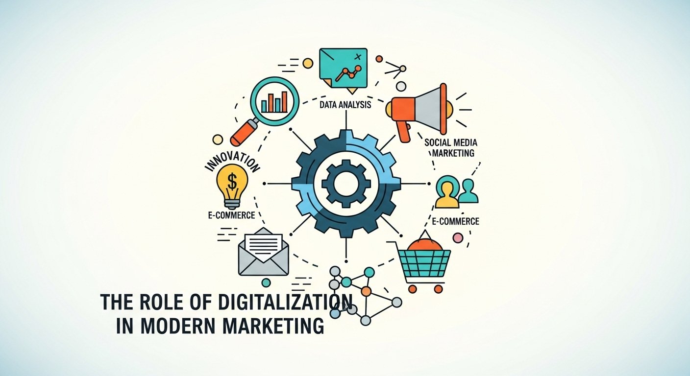 Bild zeigt verschiedene Elemente von Online Marketing wie SEO, Social Media und E-Mail Marketing
